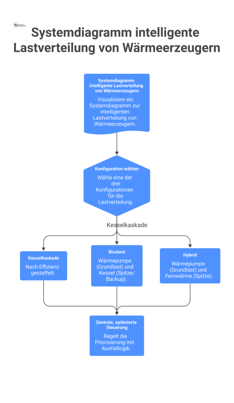 Systemdiagramm intelligente Lastverteilung von Wärmeerzeugern Systemdiagramm, das drei Konfigurationen zur intelligenten Lastverteilung von Wärmeerzeugern zeigt: Kesselkaskade, Bivalent und Hybrid mit zentraler Steuerung.
