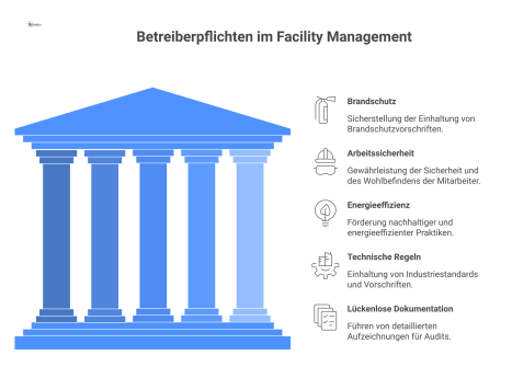 Diagramm zum FM-Prozess, umgeben von Regelwerken wie Brandschutz und Arbeitssicherheit, die zu einer lückenlosen Dokumentation als Nachweis führen.