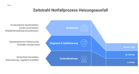 Zeitstrahl des Notfallprozesses bei Heizungsausfall in drei Phasen: Erstmaßnahmen, Diagnose und Stabilisierung sowie der Notbetrieb mit jeweiligen Zeitangaben