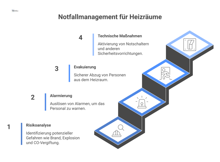 Infografik Notfallmanagement für Heizräume Infografik zum Notfallmanagement für Heizräume, die Risiken wie Brand und Explosion sowie den Notfallplan mit Alarmierung und Evakuierung zeigt.