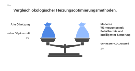 Infografik vergleicht eine alte Ölheizung mit hohem CO₂-Ausstoß mit einer modernen Wärmepumpe mit geringem CO₂-Ausstoß. 