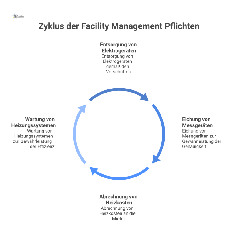 Matrix der Pflichten im Facility Management Tabelle der Pflichten im Facility Management mit Spalten für Pflicht, Häufigkeit, Zuständigkeit und Nachweis für verschiedene Prozesse