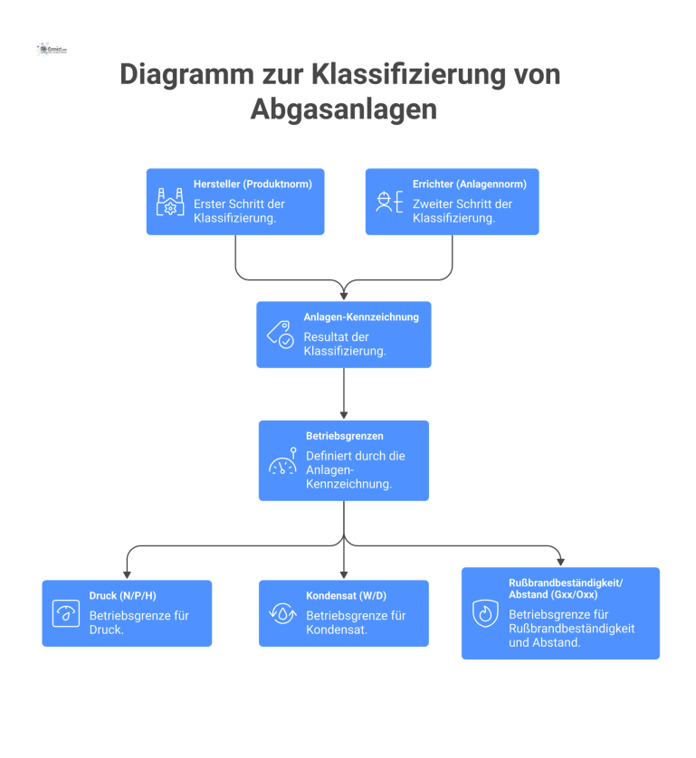 Diagramm zur Klassifizierung von Abgasanlagen Technisches Diagramm, das die zweistufige Logik zur Klassifizierung von Abgasanlagen durch Hersteller und Errichter und die resultierende Anlagen-Kennzeichnung zeigt.