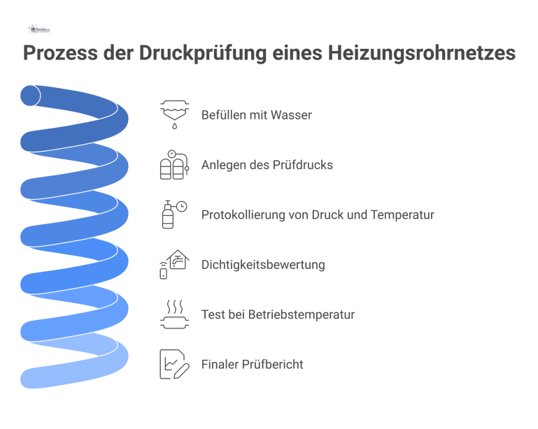 Prozess der Druckprüfung eines Heizungsrohrnetzes Infografik, die den Prozess der Druckprüfung eines Heizungsrohrnetzes visualisiert, inklusive Befüllung, Protokollierung und finalem Prüfbericht.