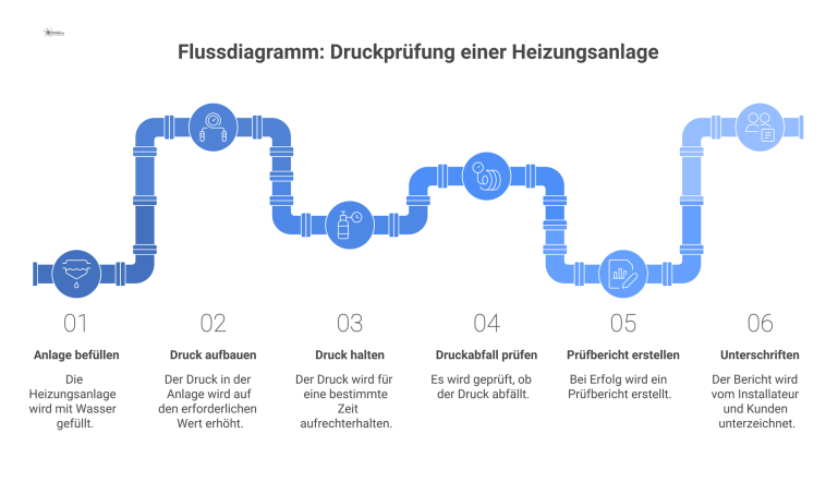 Flussdiagramm: Druckprüfung einer Heizungsanlage Ein Flussdiagramm, das den Prozess der Druckprüfung einer Heizungsanlage darstellt, vom Befüllen und Druckaufbau bis zur Erstellung eines Prüfberichts
