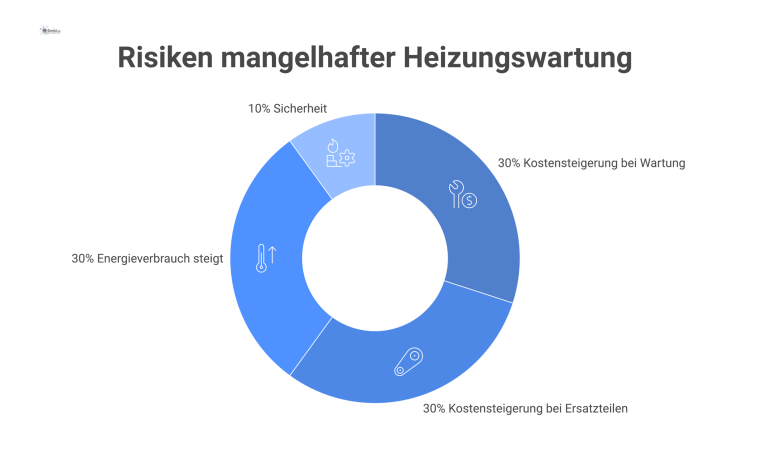 Risiken mangelhafter Heizungswartung Infografik zu den vier Hauptrisiken mangelhafter Heizungswartung: Kostensteigerungen bei Wartung, Ersatzteilen und Betrieb sowie Sicherheitsgefahren durch CO und Brand.