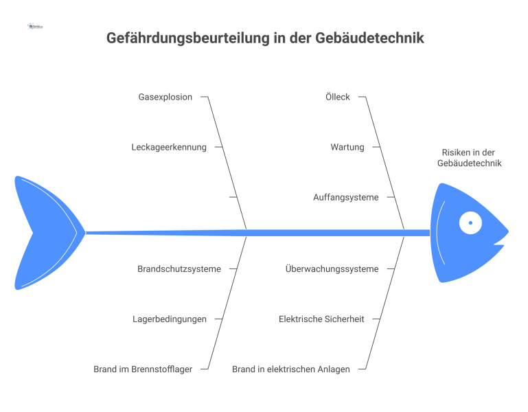 Infografik zur Gefährdungsbeurteilung in der Gebäudetechnik, die Risiken wie Gasexplosion, Brand und Ölleck mit Schutzmaßnahmen visualisiert