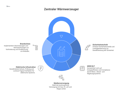 Infografik eines zentralen Wärmeerzeugers, umgeben von den fünf essenziellen Bereichen für Sicherheit und Betrieb: Sicherheitstechnik, MSR/GLT, Medienversorgung, Infrastruktur und Brandschutz.