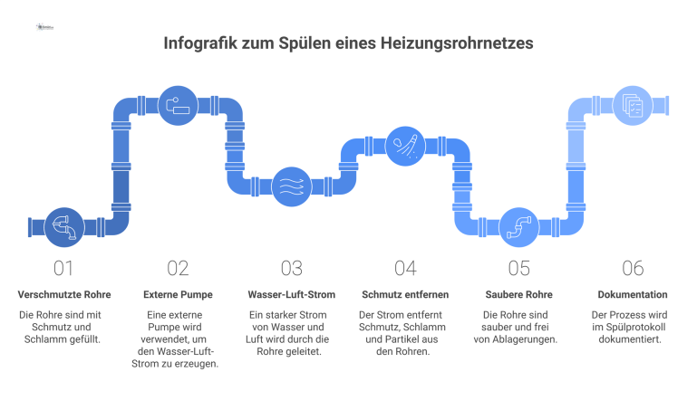 Infografik zum Spülen eines Heizungsrohrnetzes Infografik zeigt im Querschnitt, wie ein Wasser-Luft-Strom Schmutz und Partikel aus einem Heizungsrohr spült und es reinigt