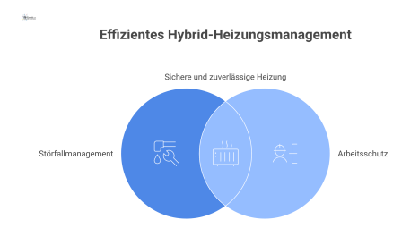 Infografik zum Management von Hybrid-Heizsystemen, strukturiert in die zwei Hauptbereiche Störfallmanagement und Arbeitsschutz mit ihren jeweiligen Szenarien.