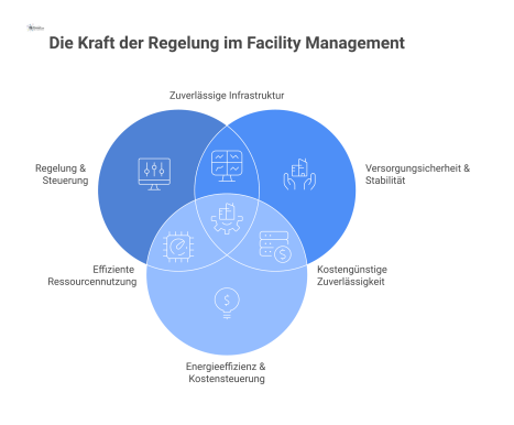 Infografik zeigt 'Wirksame Regelung & Steuerung' als zentralen Knoten, von dem Pfeile zu vier Zielen des Facility Managements führen. 