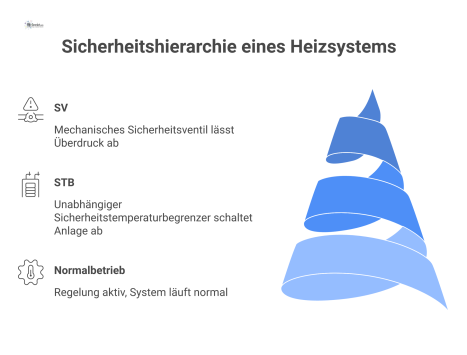 Flussdiagramm der dreistufigen Sicherheitshierarchie eines Heizsystems, von der Regelung im Normalbetrieb über den Sicherheitstemperaturbegrenzer bis zum mechanischen Sicherheitsventil