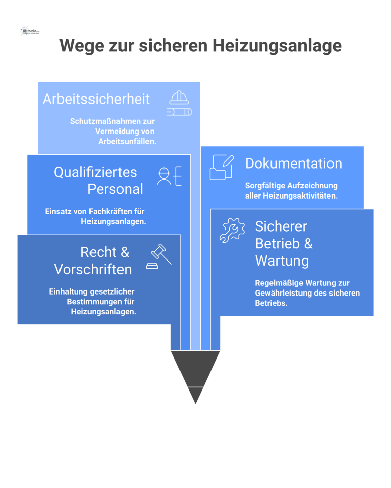 Mindmap Betreiberpflichten für Heizungsanlagen Infografik als Mindmap über die Betreiberpflichten für Heizungsanlagen mit den Hauptbereichen Recht, sicherer Betrieb, qualifiziertes Personal, Dokumentation und Arbeitssicherheit