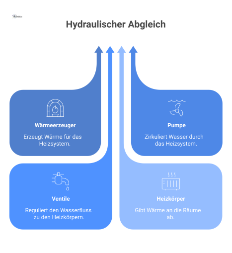 Systemdiagramm des hydraulischen Abgleichs eines Heizsystems, das den Kreislauf mit Wärmeerzeuger, Pumpe, Ventilen und Heizkörpern sowie physikalischen Kenngrößen zeigt.