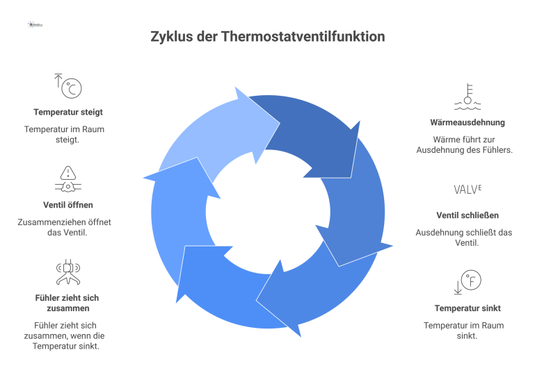Infografik, die den Aufbau und die Funktion eines Thermostatventils mittels einer Schnittzeichnung erklärt und vier verschiedene Typen vergleicht