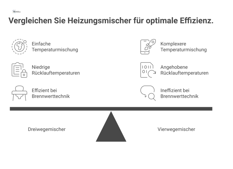Vergleich: Dreiwegemischer vs. Vierwegemischer Infografik, die den einfachen Dreiwegemischer mit dem komplexeren Vierwegemischer zum Kesselschutz in der Heizungstechnik technisch vergleicht.