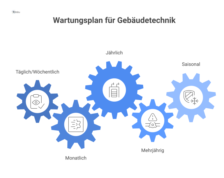 Infografik eines Wartungsplans für Gebäudetechnik als Zeitstrahl, der tägliche, monatliche, jährliche und saisonale Testzyklen mit Icons visualisiert