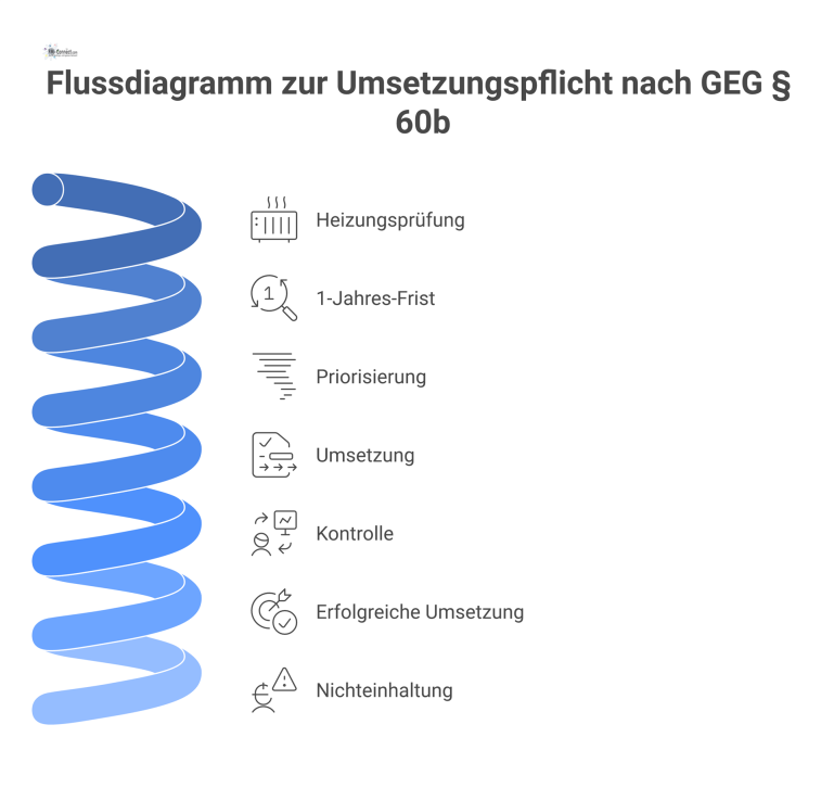 Flussdiagramm zur Umsetzungspflicht nach GEG § 60b Flussdiagramm zur Umsetzungspflicht nach GEG § 60b, das den Prozess von der Heizungsprüfung über die Maßnahmen bis zu den Ergebnissen Einsparung oder Bußgeld darstellt