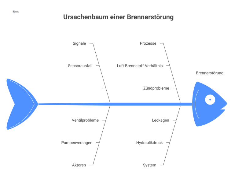 Technischer Ursachebaum einer Brennerstörung Hierarchisches Diagramm eines Ursachebaums für eine Brennerstörung, das Ursachen wie Signale, Aktoren, Prozesse, System und externe Einflüsse aufzeigt.