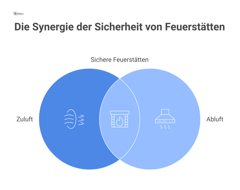 Technische Infografik eines Heizraums mit Feuerstätte und Zuluftstrom. Eine elektrische Verriegelung sichert den Betrieb mit einer externen Abluftanlage. 
