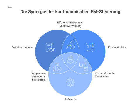 Infografik mit drei Säulen zur kaufmännischen FM-Steuerung, die Betreibermodelle, Kostenstruktur und Erlöslogik mit Icons veranschaulicht.