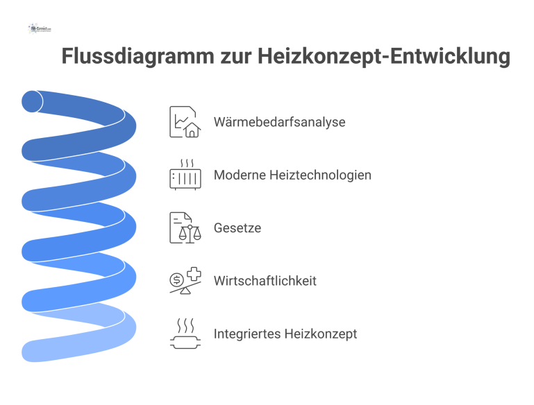 Flussdiagramm zur Heizkonzept-Entwicklung Infografik-Flussdiagramm, das den Prozess der Heizkonzept-Entwicklung von der Wärmebedarfsanalyse über die Evaluation moderner Technologien zum integrierten Konzept darstellt.