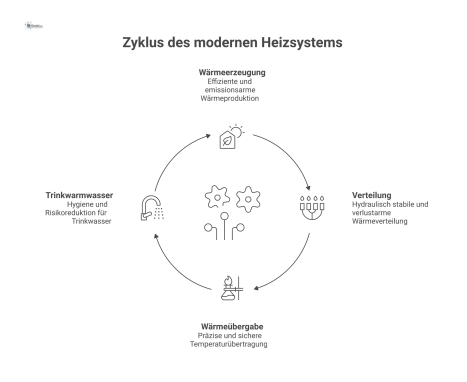 Flussdiagramm eines modernen Heizsystems, das die vier optimierten Stufen Wärmeerzeugung, Verteilung, Wärmeübergabe und Trinkwarmwasser zeigt, die zentral geregelt werden.