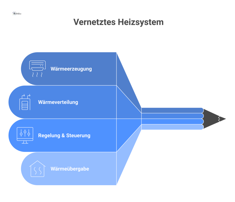 Infografik eines energieeffizienten Heizsystems Infografik des Zusammenspiels der vier Hauptkomponenten eines modernen Heizsystems: Wärmeerzeugung, Verteilung, Regelung und Wärmeübergabe für maximale Energieeffizienz.