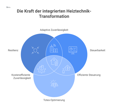 Infografik zur Transformation von Heiztechnik mit den vier Säulen Resilienz, Steuerbarkeit, Totex-Optimierung und Dokumentation für mehr Stabilität und Kostensicherheit.