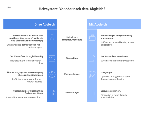 Gegenüberstellung eines Heizsystems vor und nach dem hydraulischen Abgleich, bei dem die Wärmeverteilung von ungleichmäßig zu gleichmäßig und energieeffizient optimiert wird. 