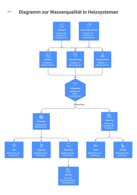 Ursache-Wirkung-Diagramm zur Wasserqualität in Heizsystemen, das Ursachen, Probleme wie Korrosion und Lösungswege wie Prävention und Sanierung aufzeigt. 