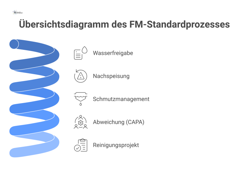 Prozessdiagramm des FM-Standardprozesses, das die fünf Phasen Wasserfreigabe, Nachspeisung, Schmutzmanagement, Abweichung und Reinigungsprojekt mit ihren Kernpunkten visualisiert.