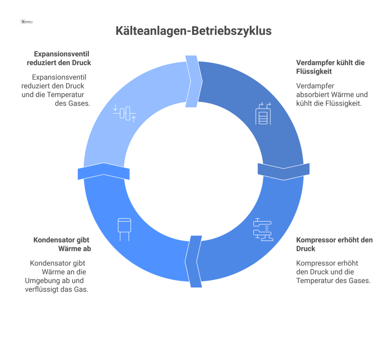 Ein R&I-Fließschema einer Kälteanlage, das die Hauptkomponenten Verdichter, Verdampfer, Wärmetauscher und Rohrleitungen mit Symbolen für Sensoren und Ventile zeigt.