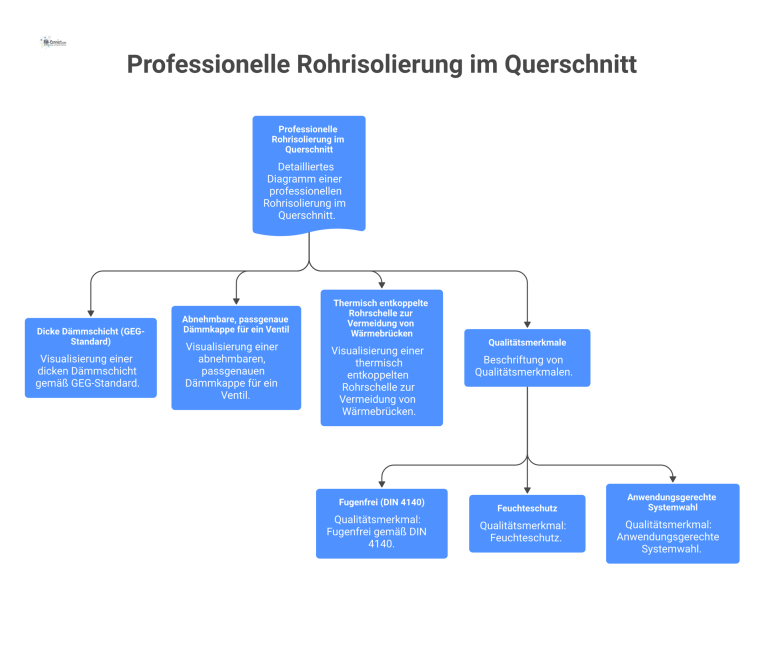 Querschnitt einer professionellen Rohrisolierung mit dicker Dämmschicht, einer Dämmkappe für Ventile und einer thermisch entkoppelten Rohrschelle.