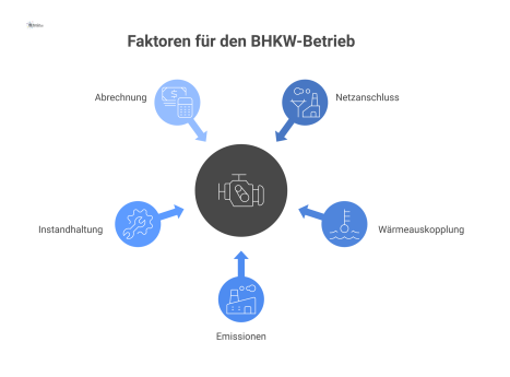 Ein Mindmap-Diagramm über den Betrieb von BHKW-Anlagen mit den fünf Hauptbereichen Netzanschluss, Wärmeauskopplung, Emissionen, Instandhaltung und Abrechnung. 