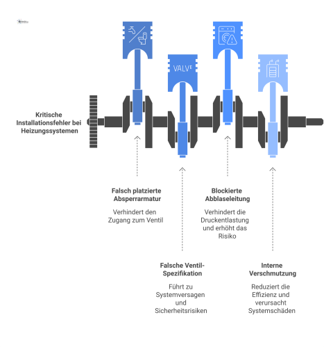 Infografik eines Heizungssystems, die vier kritische Installationsfehler des Sicherheitsventils zeigt: falsche Platzierung, falsche Spezifikation, blockierte Leitung und Verschmutzung
