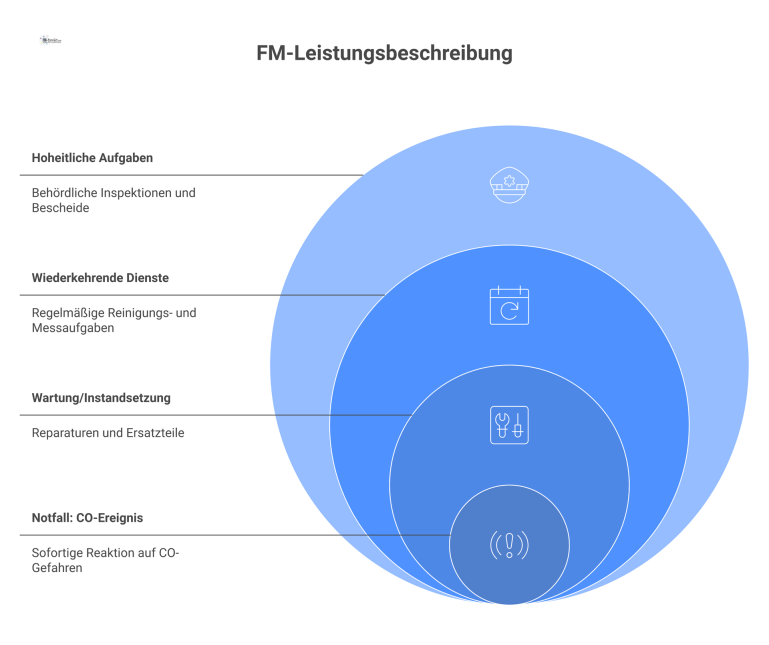 Diagramm einer FM-Leistungsbeschreibung Diagramm einer FM-Leistungsbeschreibung, das hoheitliche Aufgaben, wiederkehrende Dienste, Wartung und einen separaten roten Notfallbereich zeigt.