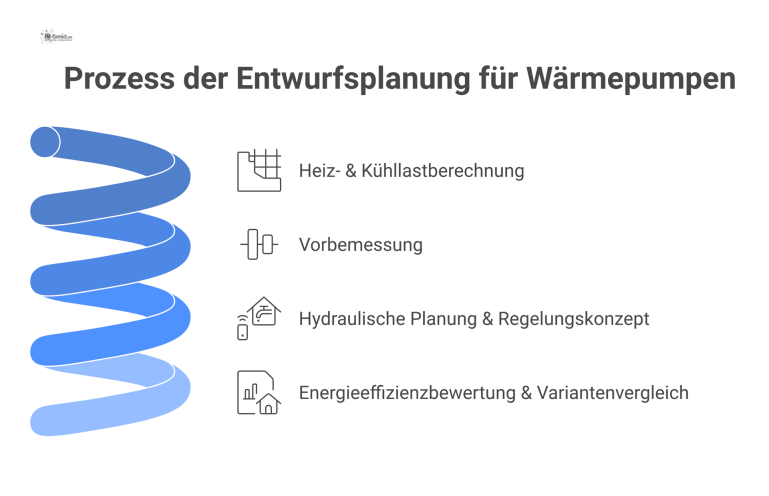 Diagramm des Prozesses der Entwurfsplanung einer Wärmepumpe mit den Schritten Heizlastberechnung, Vorbemessung, hydraulische Planung und Energieeffizienzbewertung