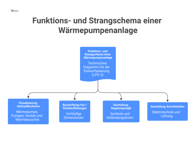 Funktions- und Strangschema einer Wärmepumpenanlage Detailliertes Funktions- und Strangschema einer Wärmepumpenanlage, das Hydraulik, Pumpen, Ventile, Wärmetauscher und die Regelungslogik in der Entwurfsplanung zeigt