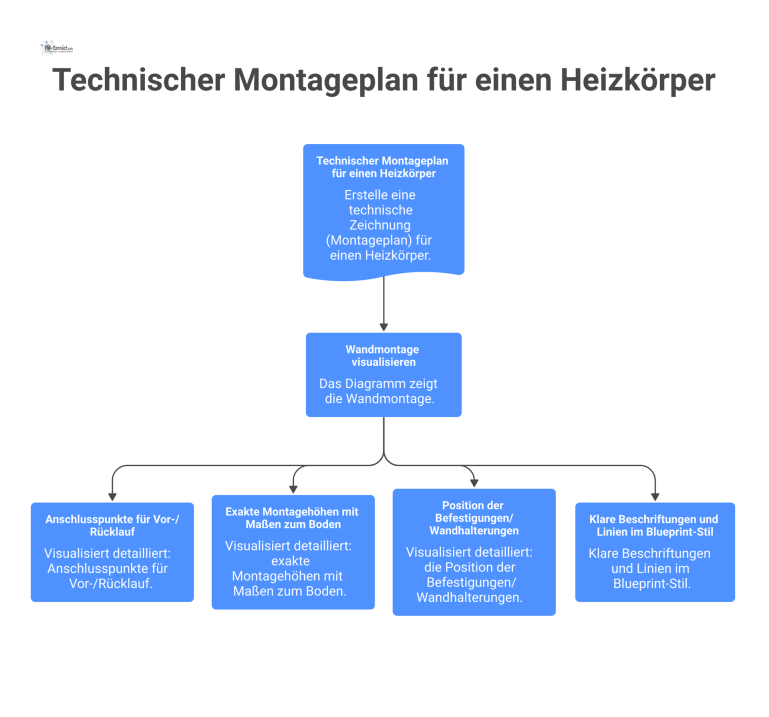 Technischer Montageplan für einen Heizkörper Technische Zeichnung für die Wandmontage eines Heizkörpers, die Anschlusspunkte, Montagehöhen und die Position der Befestigungen detailliert darstellt.