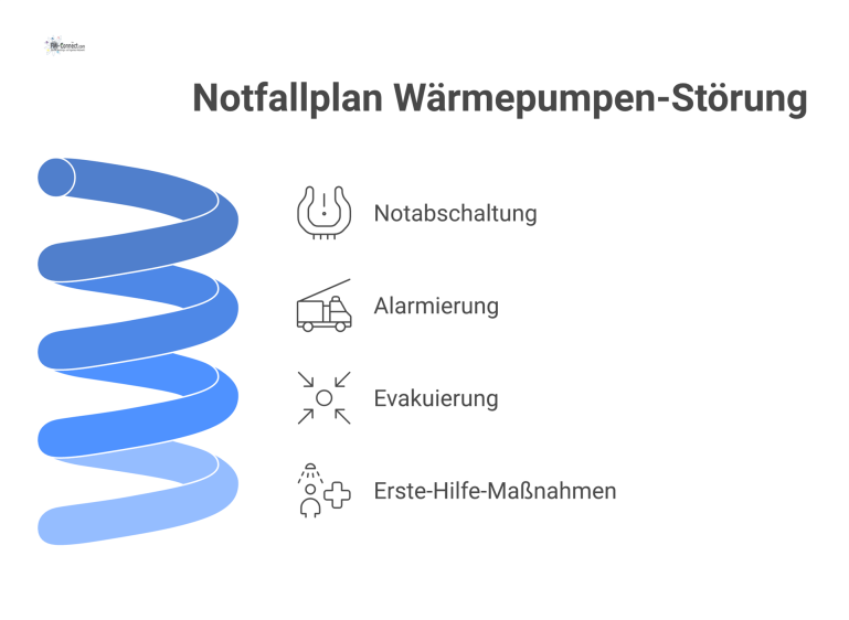 Prozessdiagramm Notfallplan Wärmepumpen-Störung Infografik des Notfallplans bei einer Wärmepumpen-Störung, die die Prozesskette von Notabschaltung über Alarmierung und Evakuierung zu Erste-Hilfe-Maßnahmen darstellt