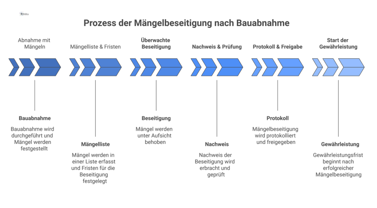 Flussdiagramm: Prozess der Mängelbeseitigung Professionelles Flussdiagramm mit den sechs Schritten der Mängelbeseitigung nach einer Bauabnahme, von der Abnahme bis zur Gewährleistung.