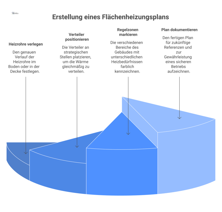 Infografik eines Grundrissplans für eine Flächenheizung, die den Verlauf der Heizrohre, die Position der Verteiler und farbige Regelzonen zeigt.