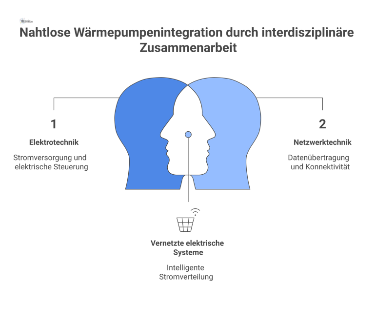 Zusammenspiel der Gewerke einer Wärmepumpe Diagramm mit einer zentralen Wärmepumpe, umgeben von Elektrotechnik, Netzwerktechnik und Gebäudeautomation, welche durch Pfeile als Schnittstellen verbunden sind.