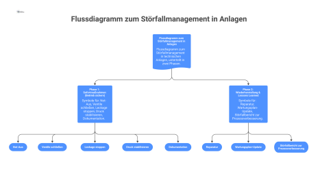 Flussdiagramm, das den Prozess des Störfallmanagements in technischen Anlagen in den zwei Phasen Sofortmaßnahmen und Wiederherstellung darstellt. 