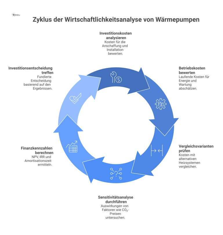 Wirtschaftlichkeitsnachweis Wärmepumpe: Lebenszykluskostenanalyse Infografik zur Lebenszykluskostenanalyse einer Wärmepumpe, die Inputs wie Kosten und Outputs wie Finanzkennzahlen für eine Investitionsentscheidung darstelltWirtschaftlichkeitsnachweis Wärmepumpe: Leb