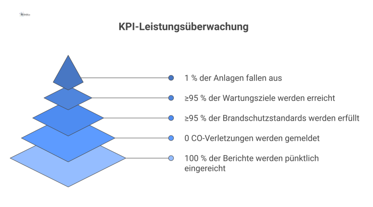 Dashboard zur Leistungsüberwachung mit fünf Tachometer-Diagrammen, welche die Kennzahlen für Berichte, CO-Verletzungen, Brandschutz, Wartung und Anlagenausfall anzeigen. 