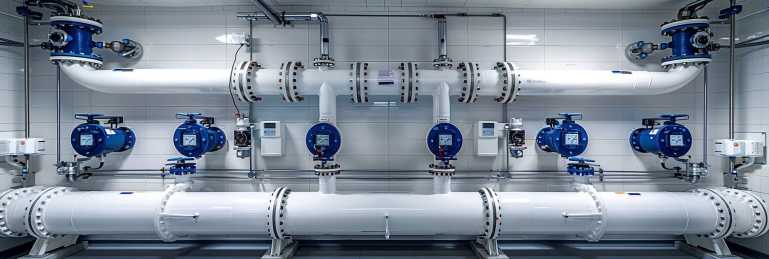 Professionelle Lösungen für die hygienische und effiziente Gebrauchswarmwasserbereitung. Industrielle Anlage zur effizienten Gebrauchswarmwasserbereitung mit isolierten Rohrleitungen und moderner Pumpentechnik in der Haustechnik.