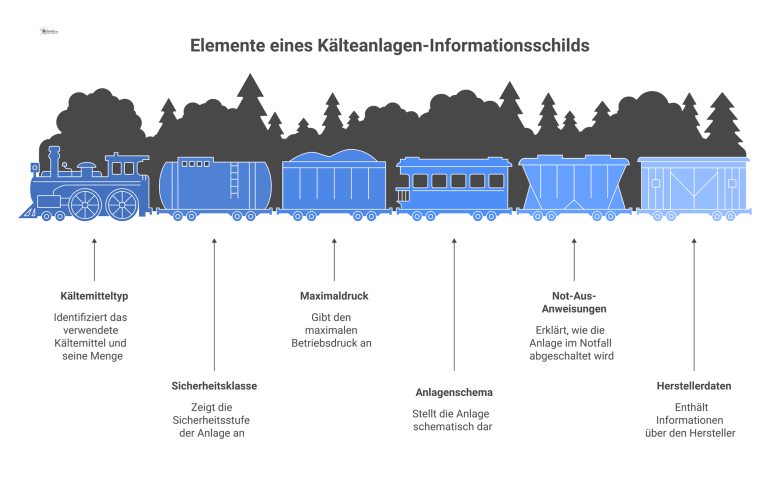 Infografik: Informationsschild für Kälteanlagen Technische Infografik eines Informationsschilds für eine Kälteanlage, das Kältemittel, Füllmenge, Sicherheitsklasse, Druck, ein Anlagenschema und Not-Aus-Anweisungen darstellt.