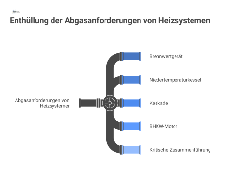 Infografik vergleicht vier Heizungssysteme und ihre Abgasanforderungen bezüglich Druck, Feuchte und warnt vor der Zusammenführung von BHKW- und Kesselabgas
